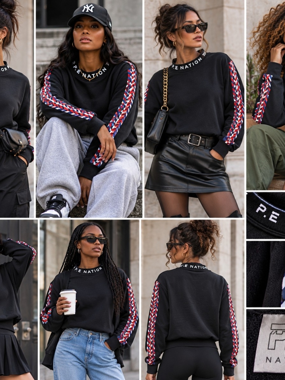 P.E Nation Black Sweatshirt with Red-White-Blue Sleeve Tape